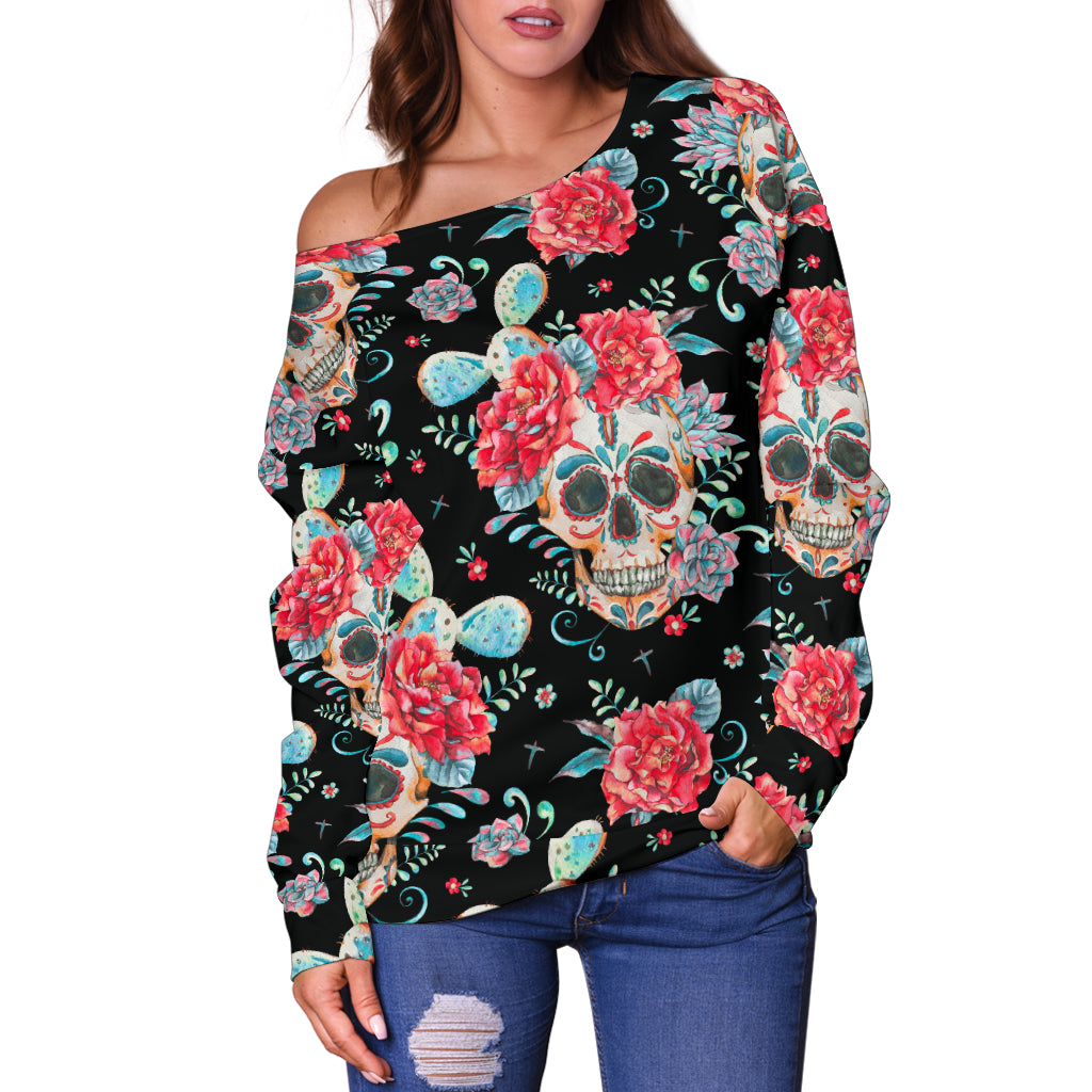 Black Flower Skull Off Shoulder Hoodie