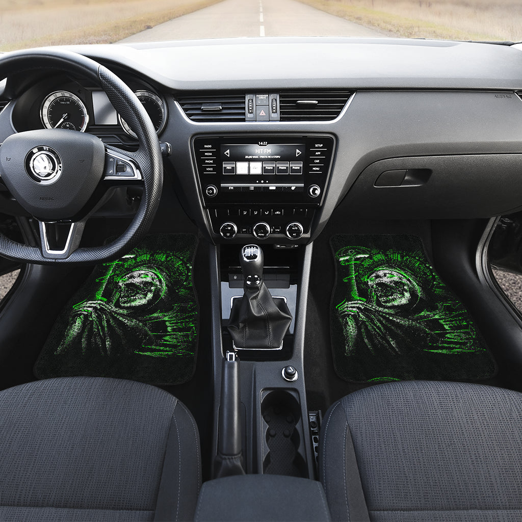 Set of 4 pcs green flaming skull car mats