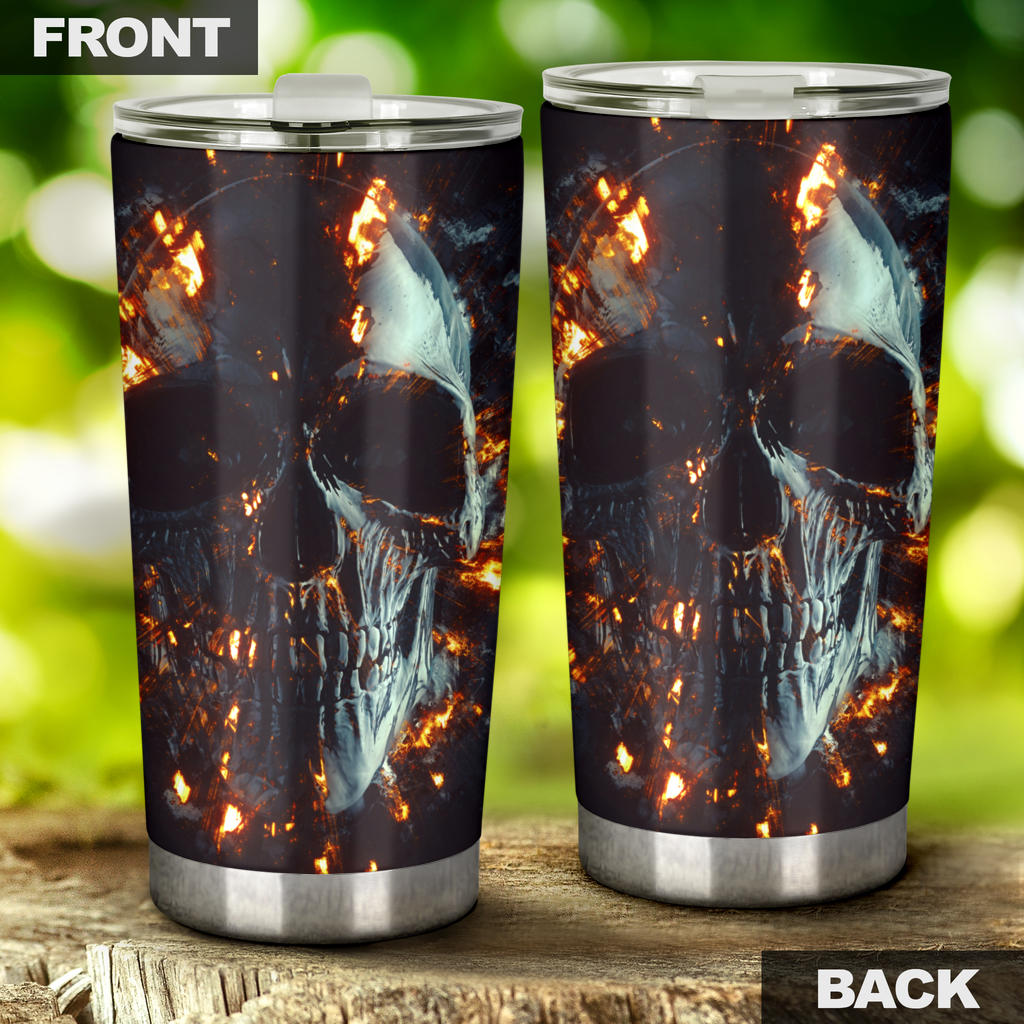 Flaming skull tumbler mug cup
