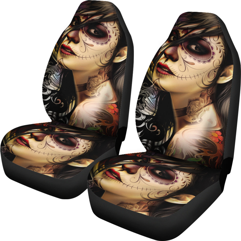 Set of 2 pcs sugar skull girl car seat covers