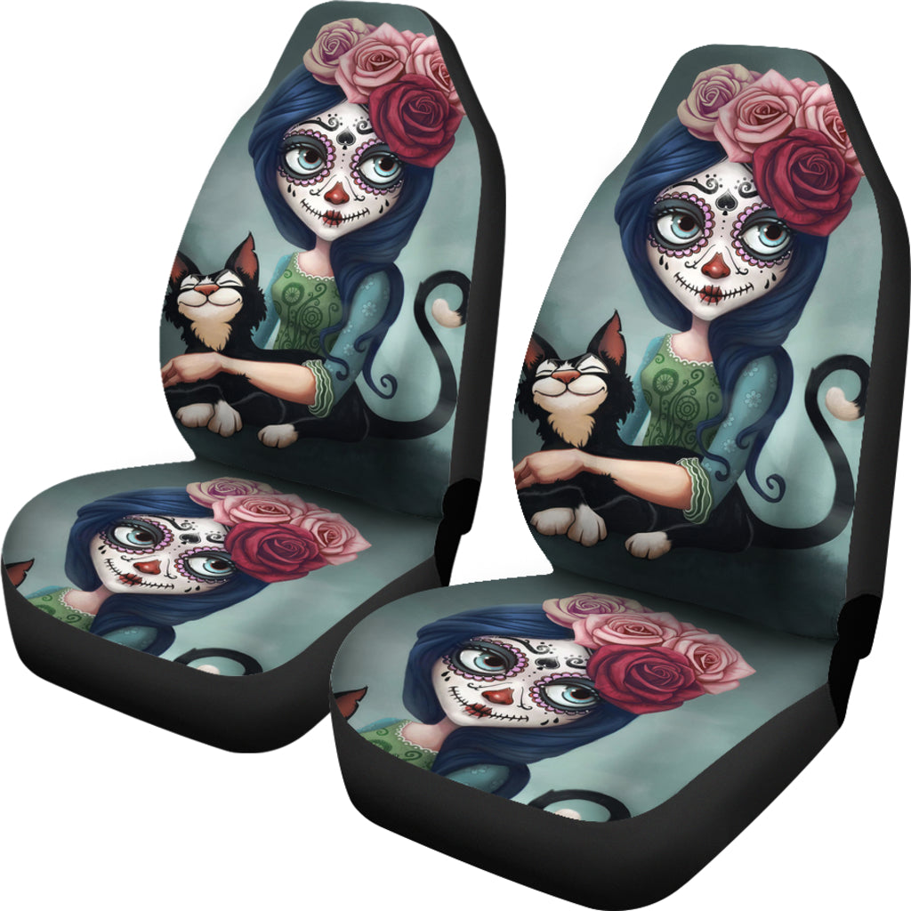 Set 2 pcs Floral sugar skull day of the dead skull car seat covers