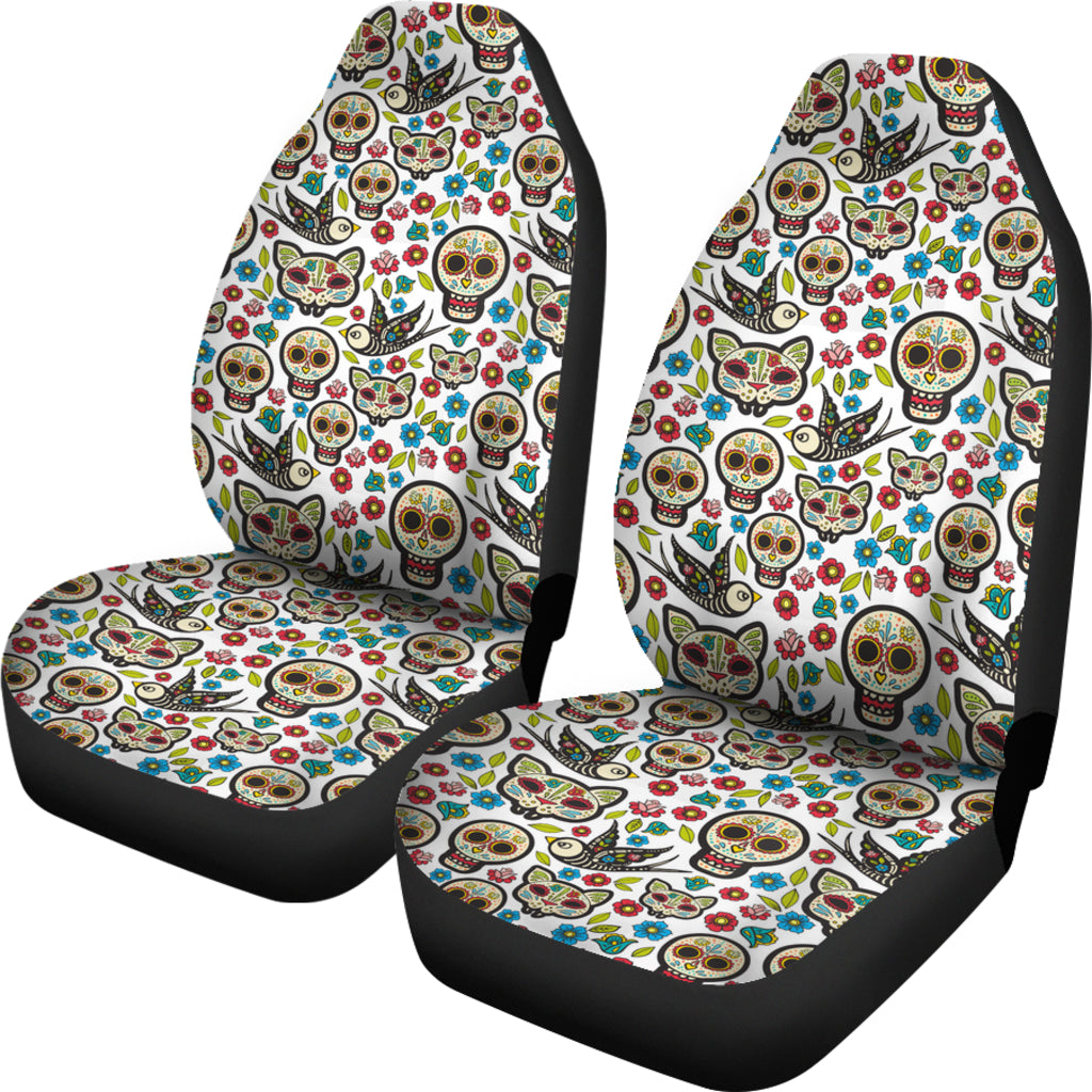 Set 2 pcs Floral sugar skull day of the dead skull car seat covers