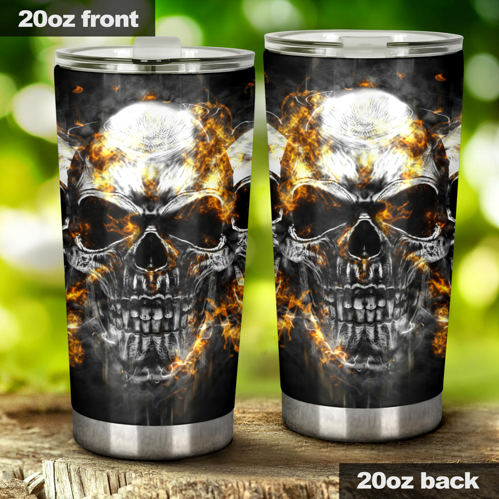 Flaming fire gothic skull tumbler cup mug