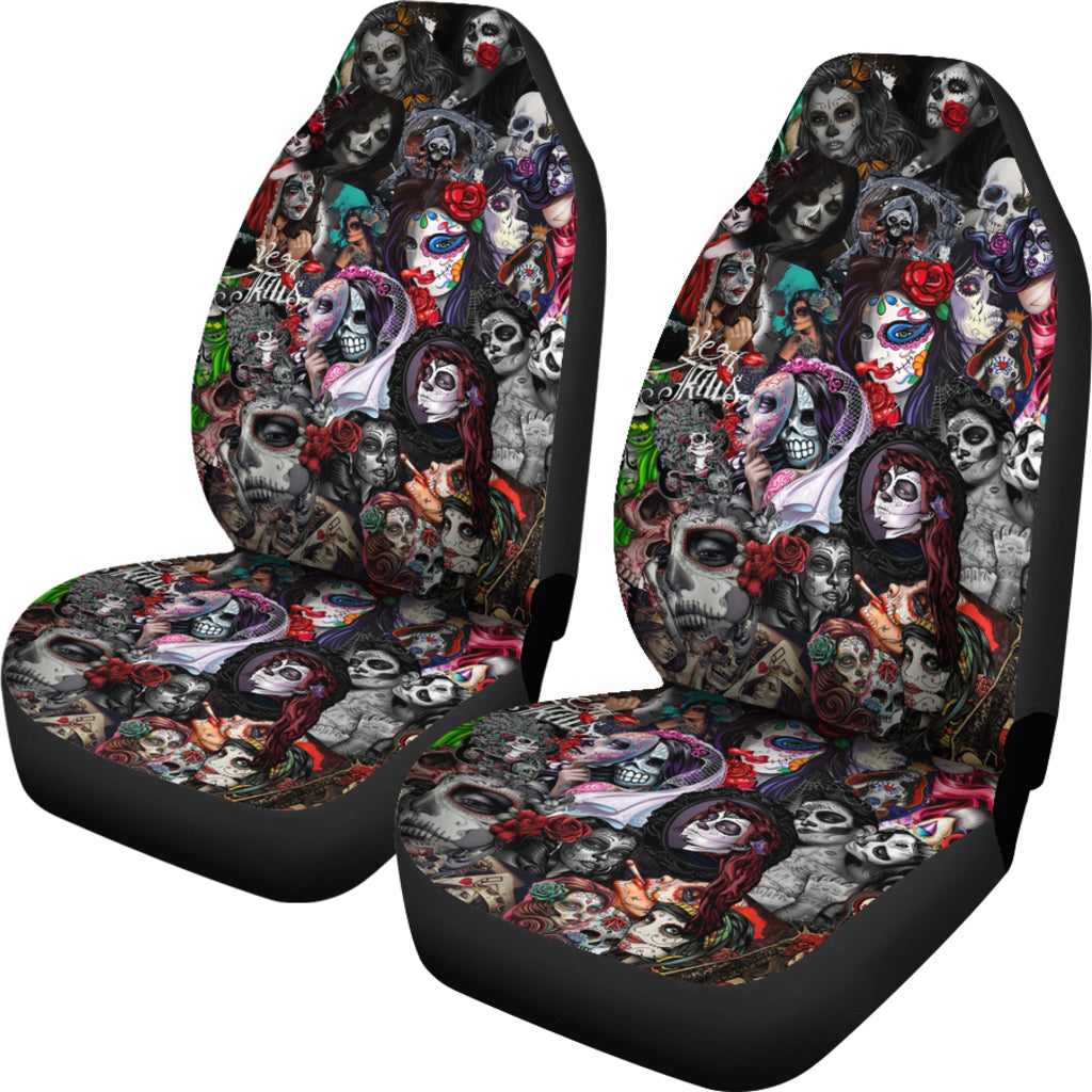 Set 2 sugar skull car seat covers