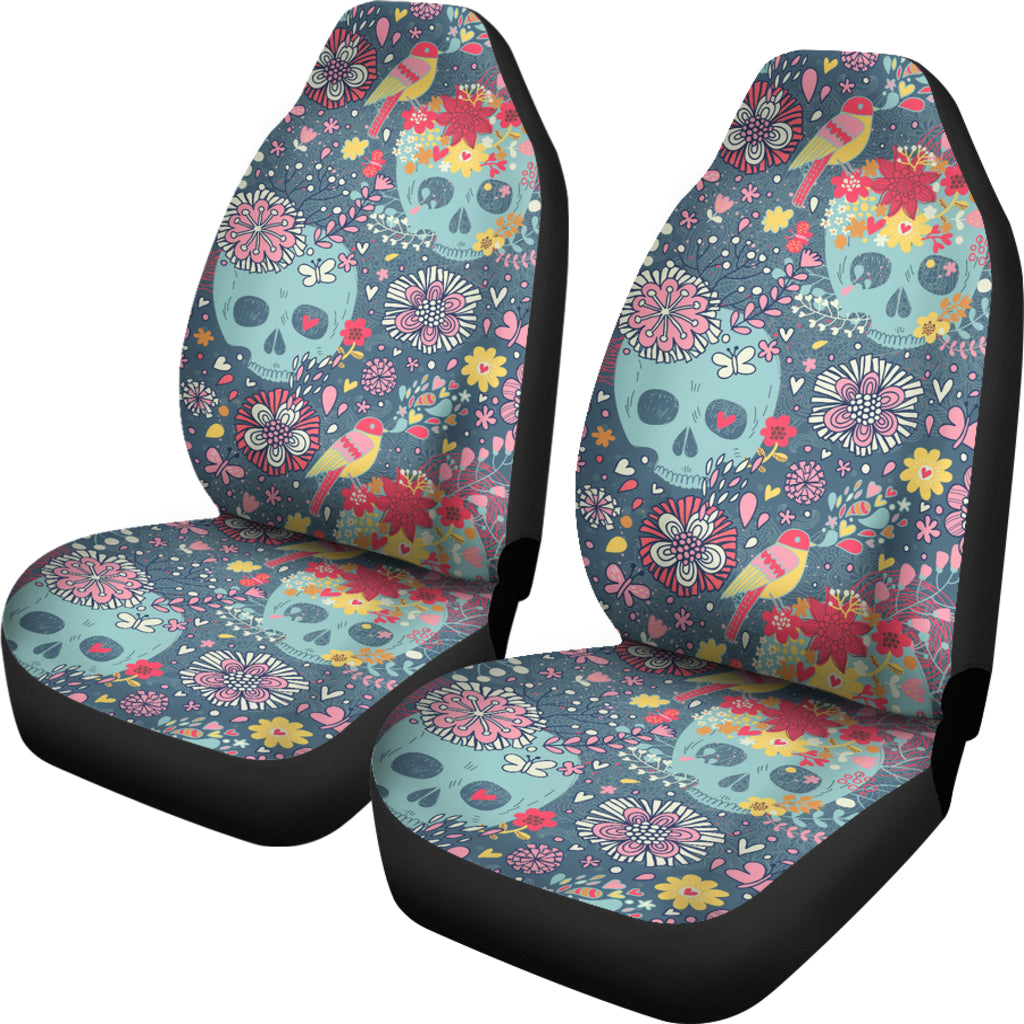 Set 2 pcs Floral sugar skull day of the dead skull car seat covers