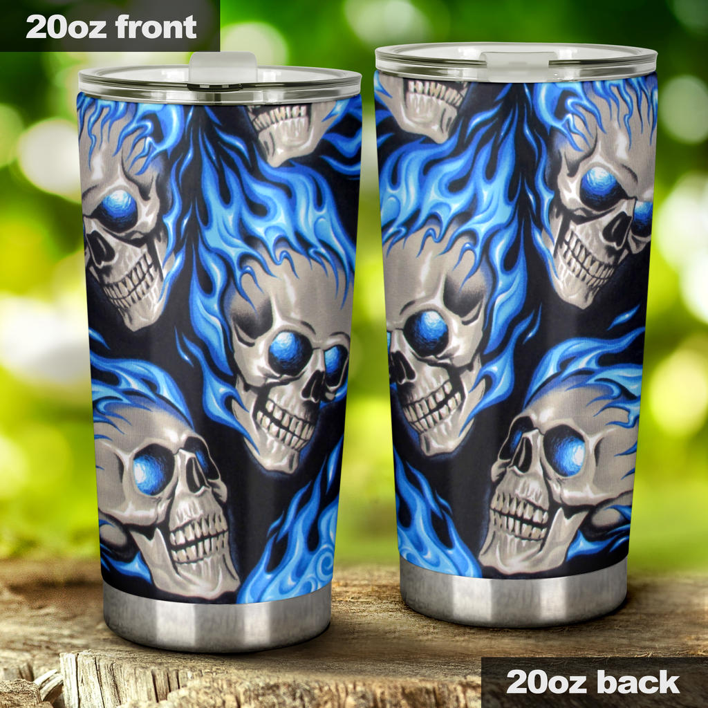 Flaming fire skull tumbler mug cup