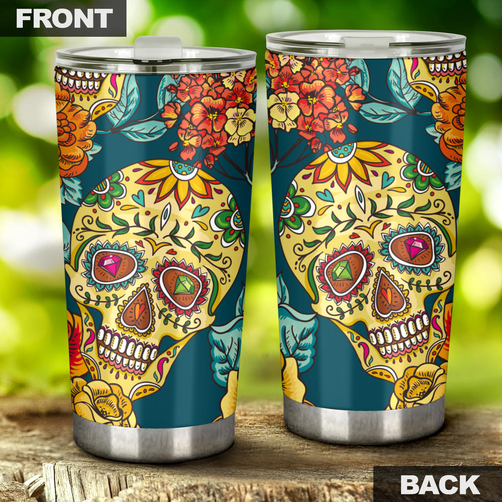 Sugar skull floral tumbler mug cup