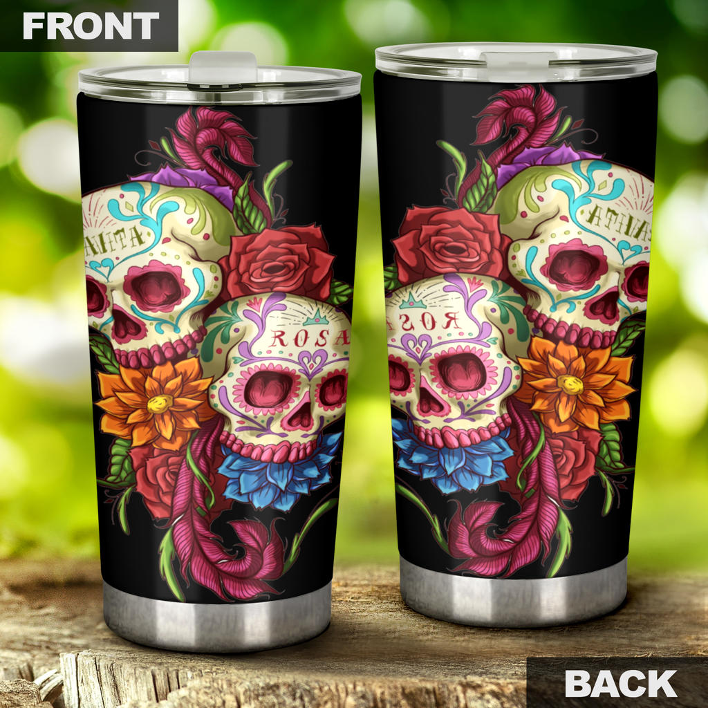 Floral rose sugar skull tumbler cup