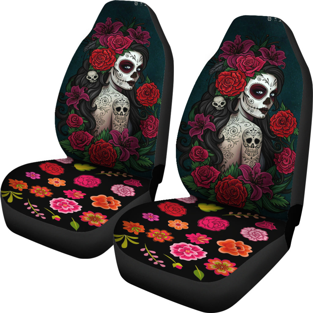 Set of 2-Sugar Skull Girl - Day of the dead car seat covers
