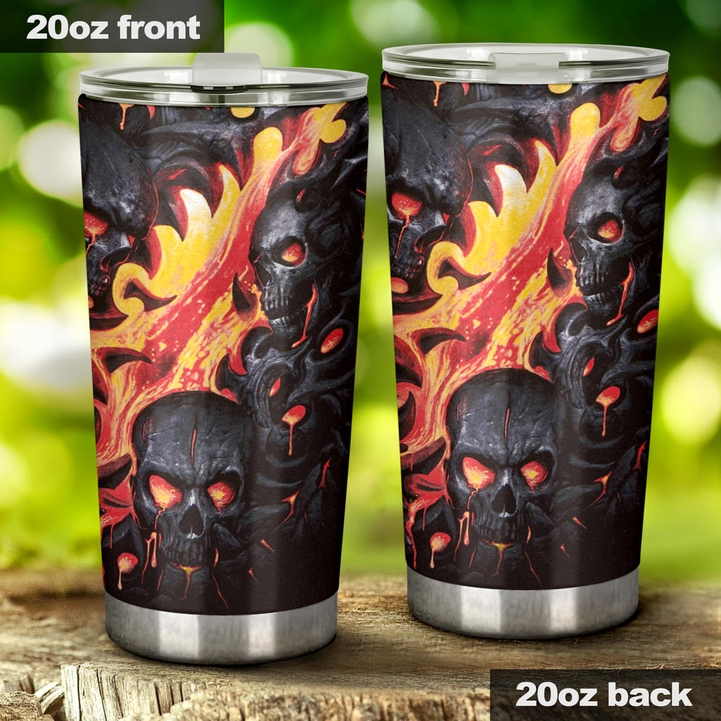 Biker skull travel mug, horror tumbler, flower skull tumblr, skeleton travel mug, evil freezer Mug,