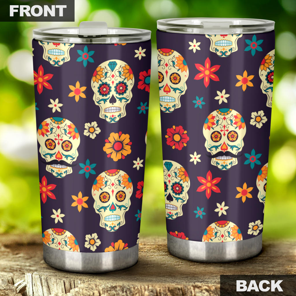 Sugar skull floral tumbler mug cup