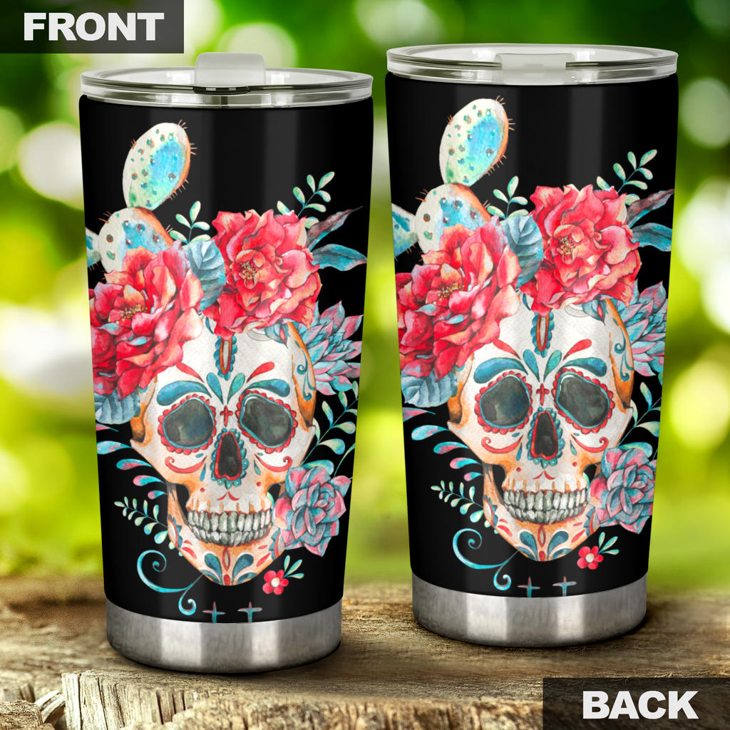 Floral skull tumbler mug cup