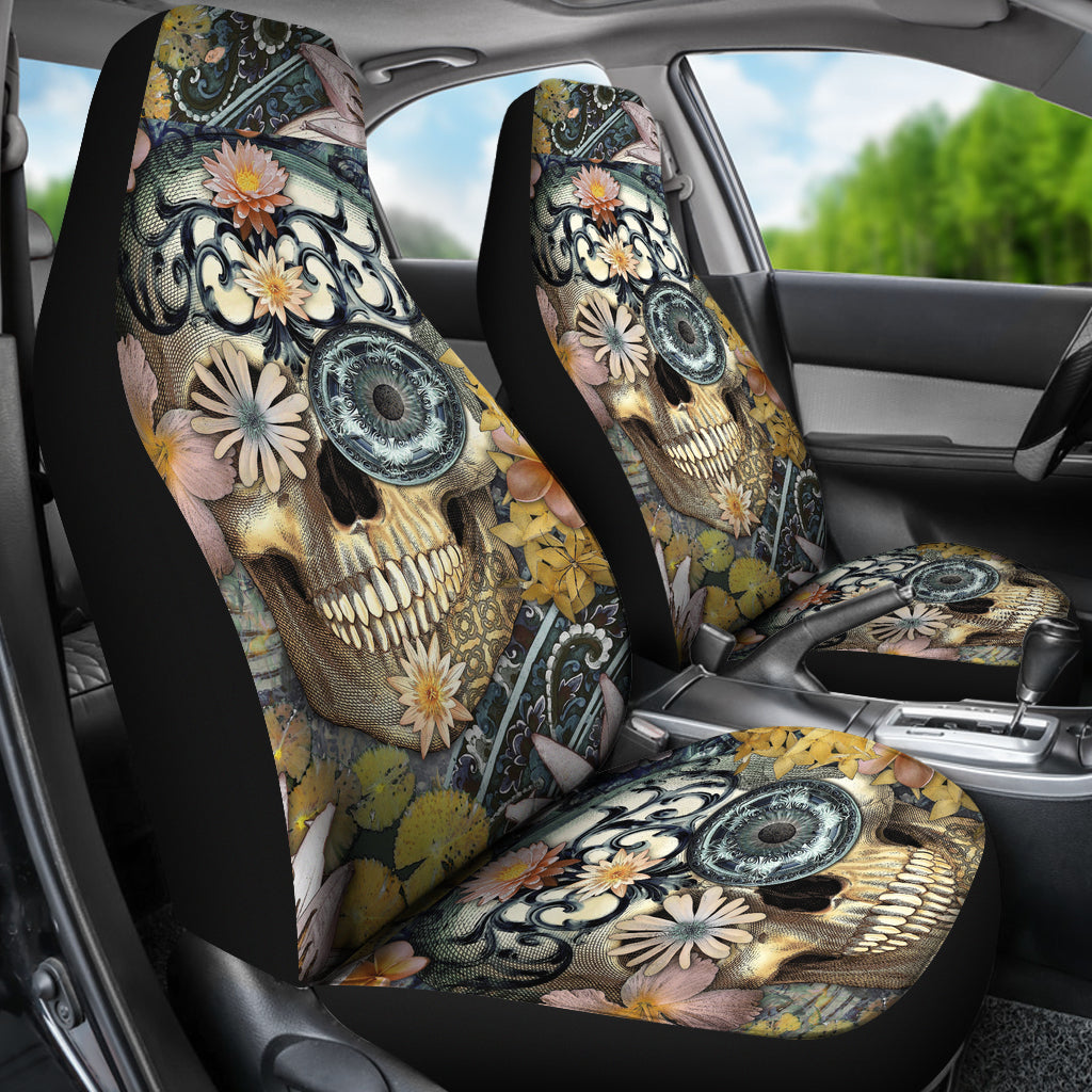 Set of 2 floral sugar skull seat covers