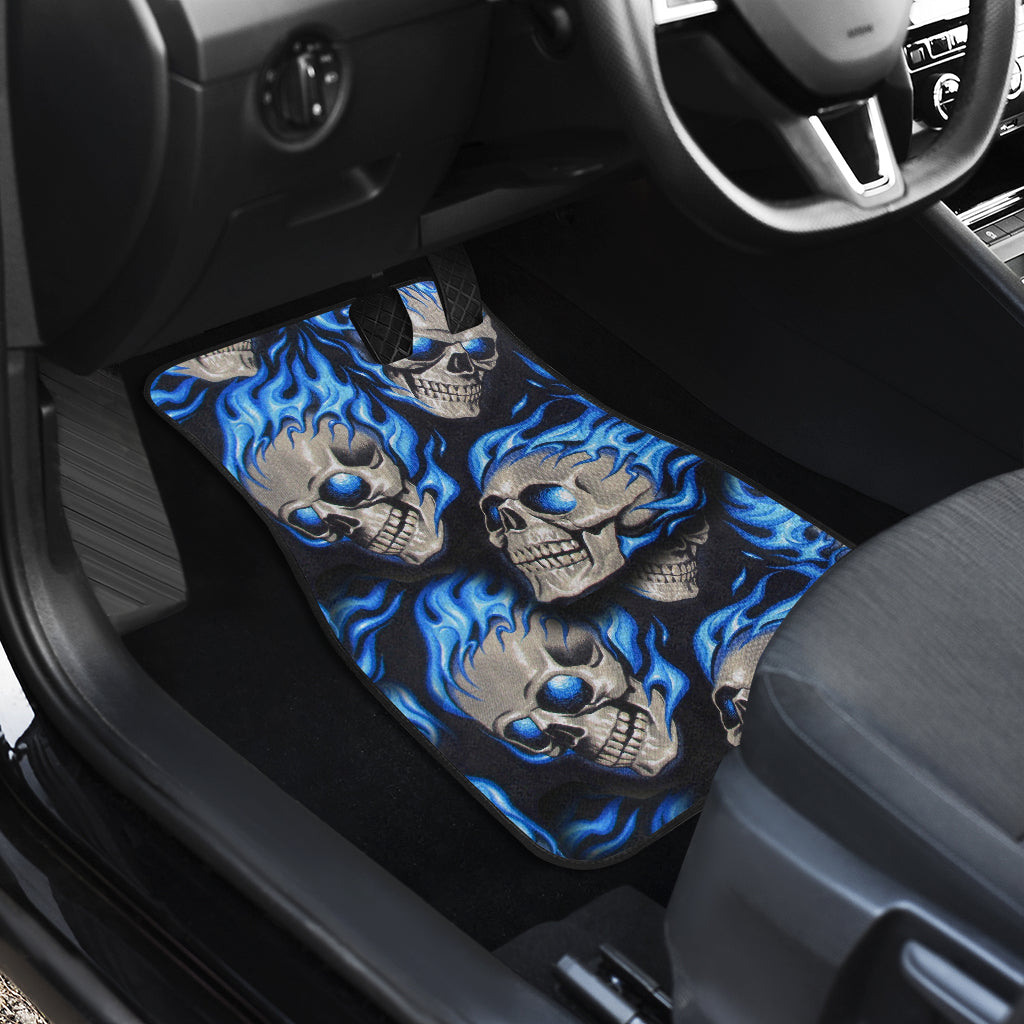 Set of 4 pcs blue flaming skull car mats