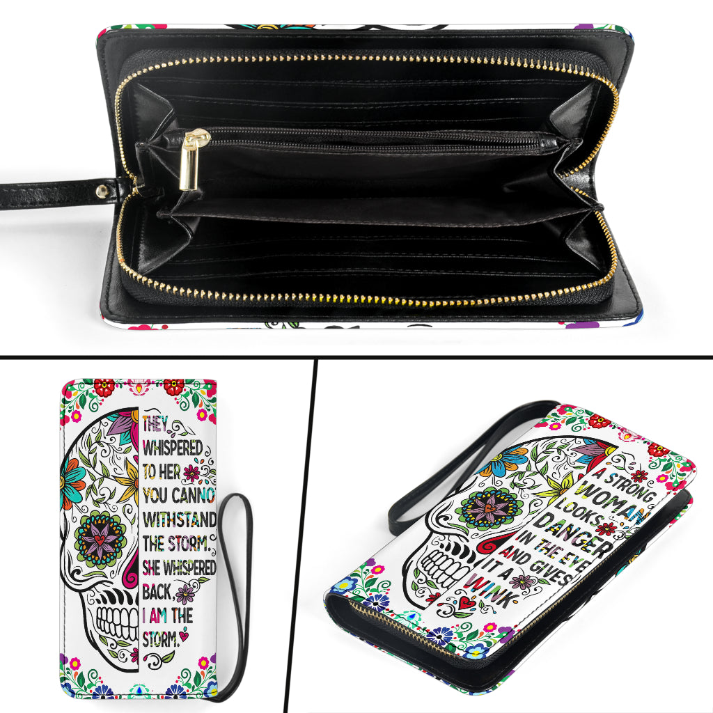 Sugar skull Long Wallet With Black Hand Strap