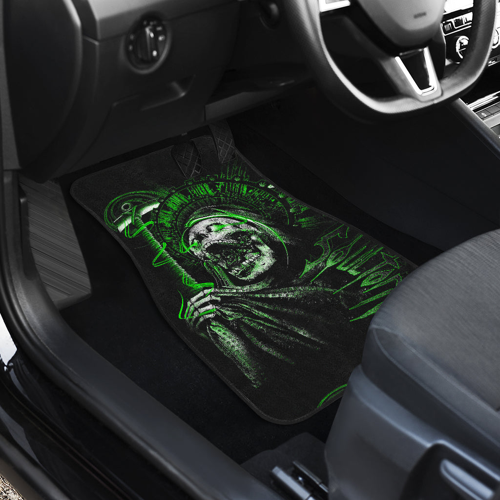 Set of 4 pcs green flaming skull car mats