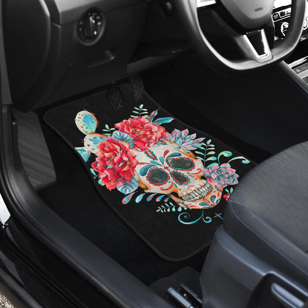 Set of 4 pcs floral sugar skull car mats