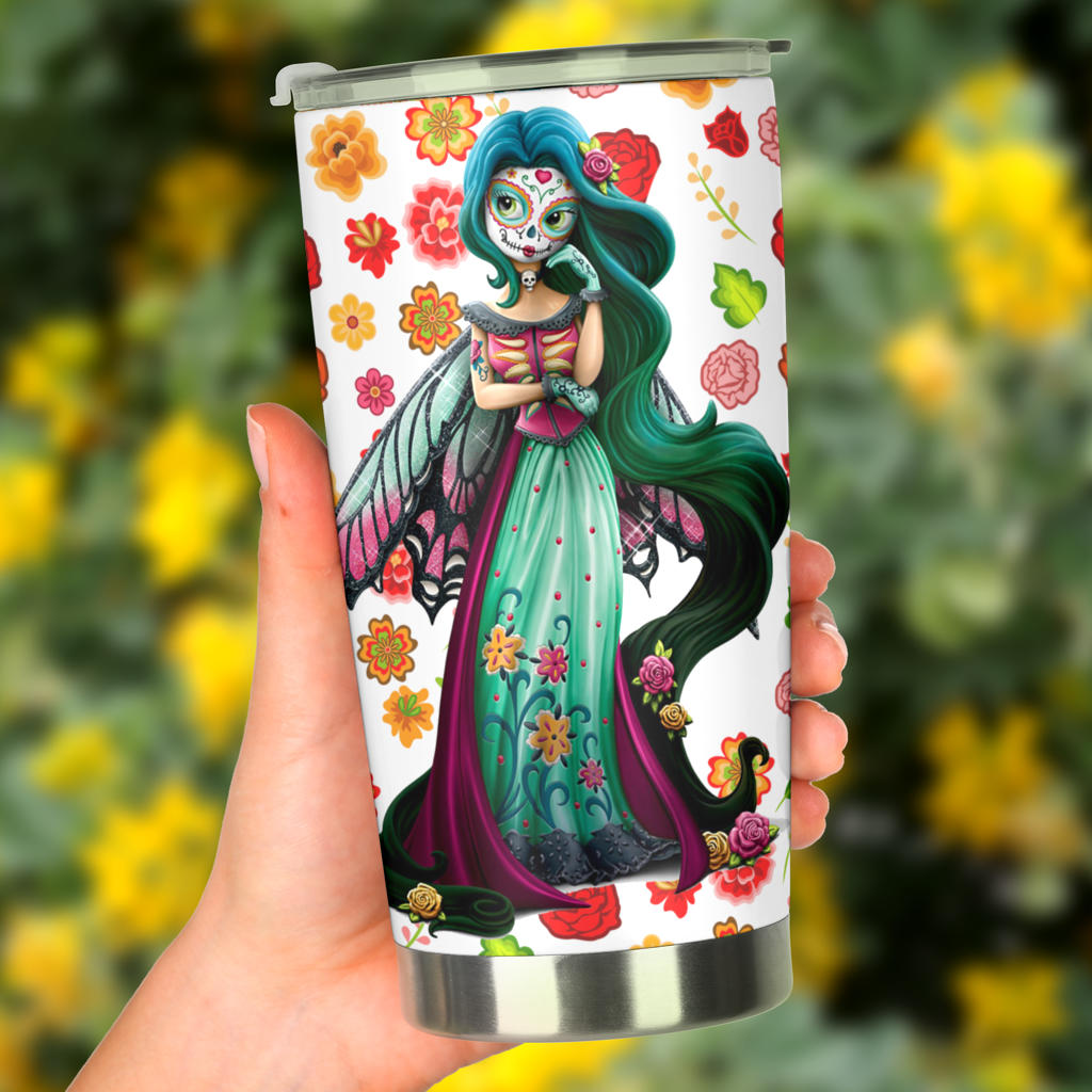 Sugar skull floral tumbler mug cup