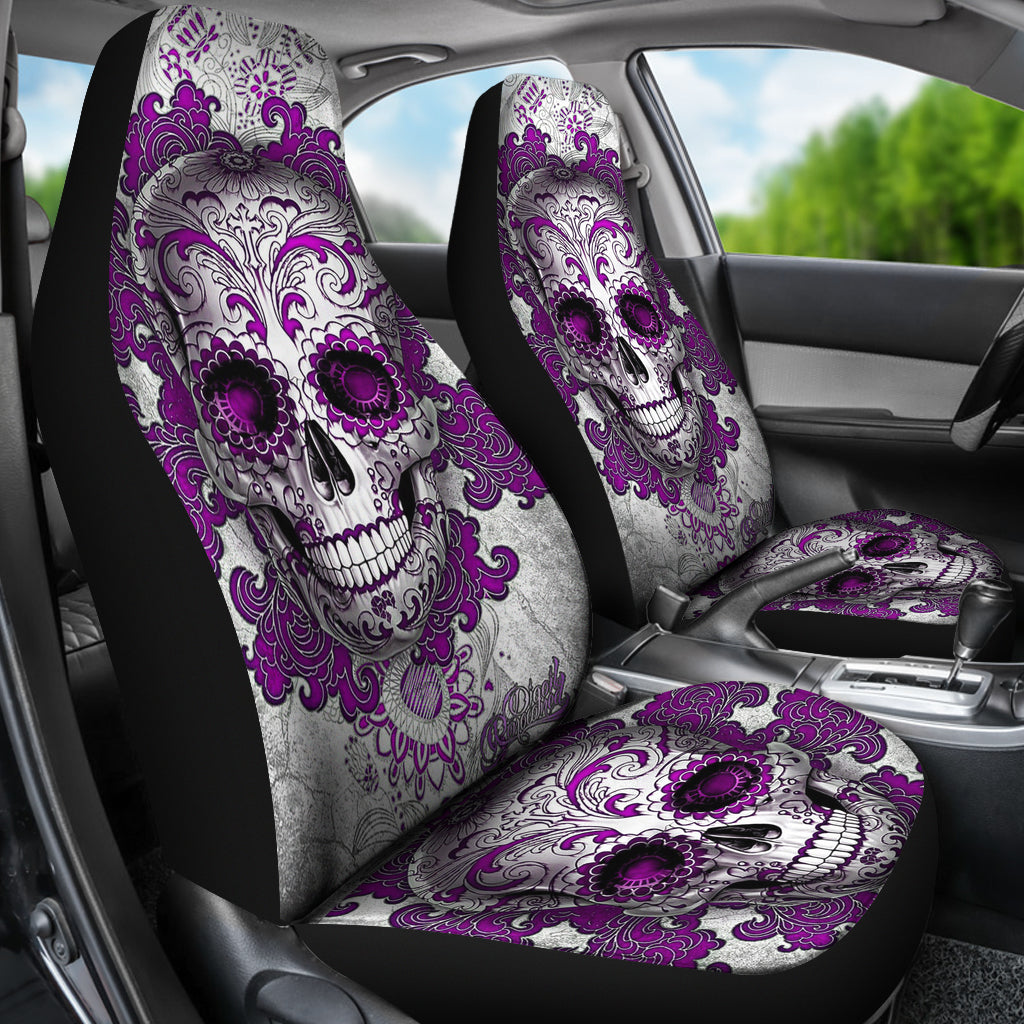 Set of 2 sugar skull day of the dead car seat covers