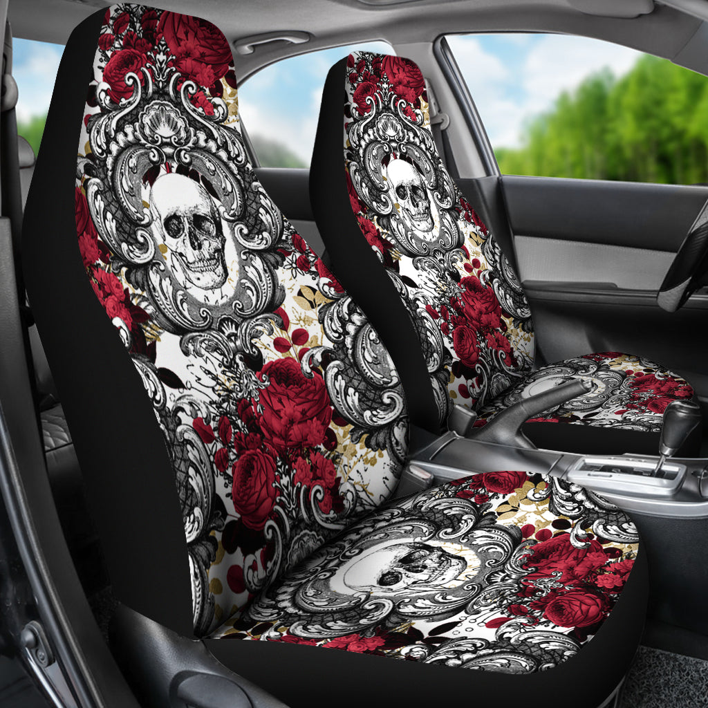 Set of 2 Gothic Skull and Red Roses Universal Bucket Seat Covers