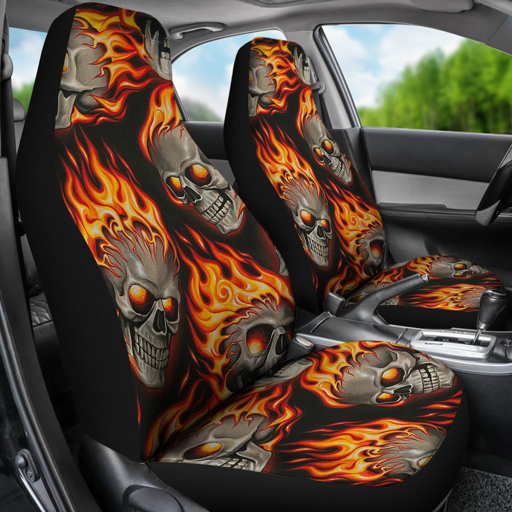 Set of 2 pcs flaming fire skulls car seat covers