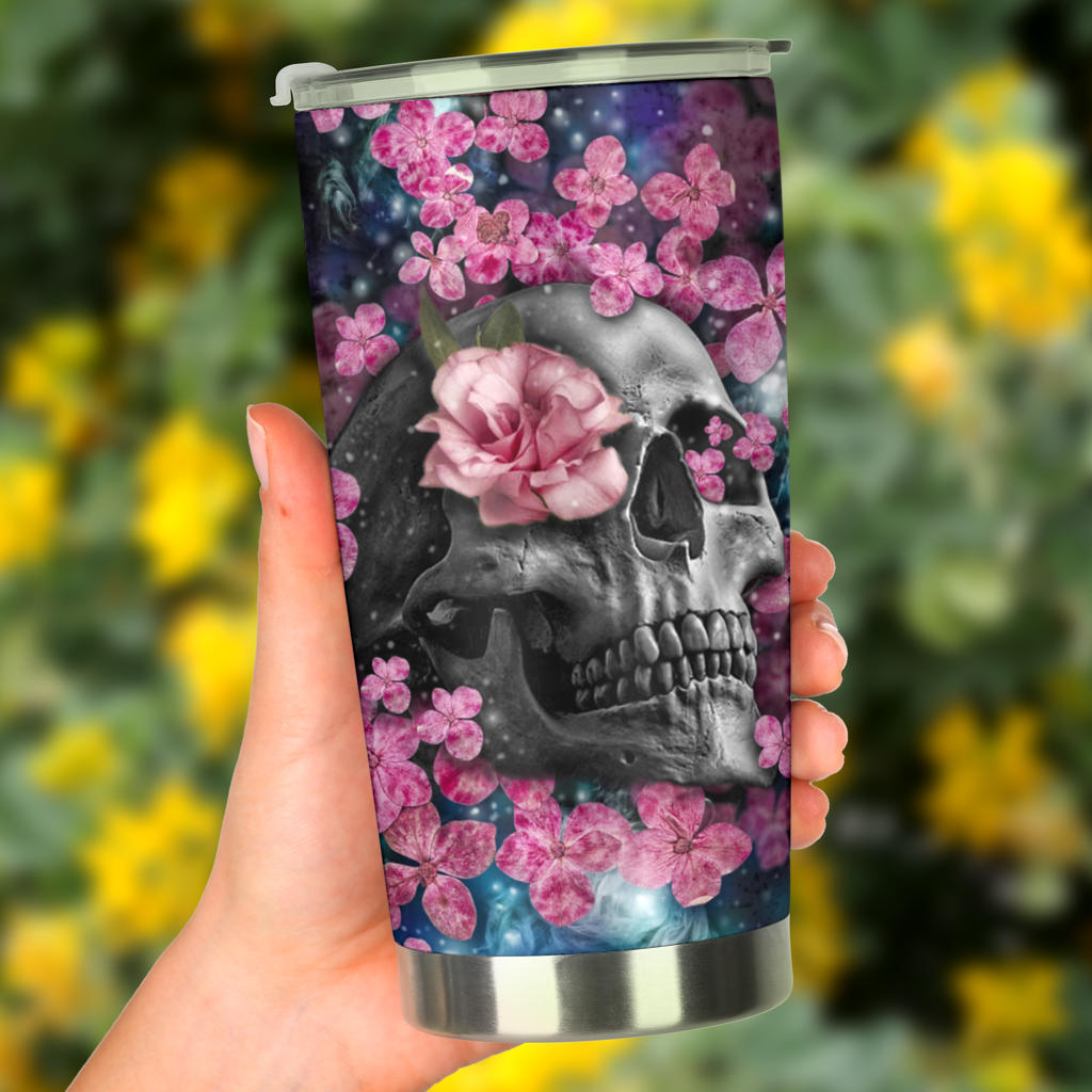 Floral skull tumbler mug cup