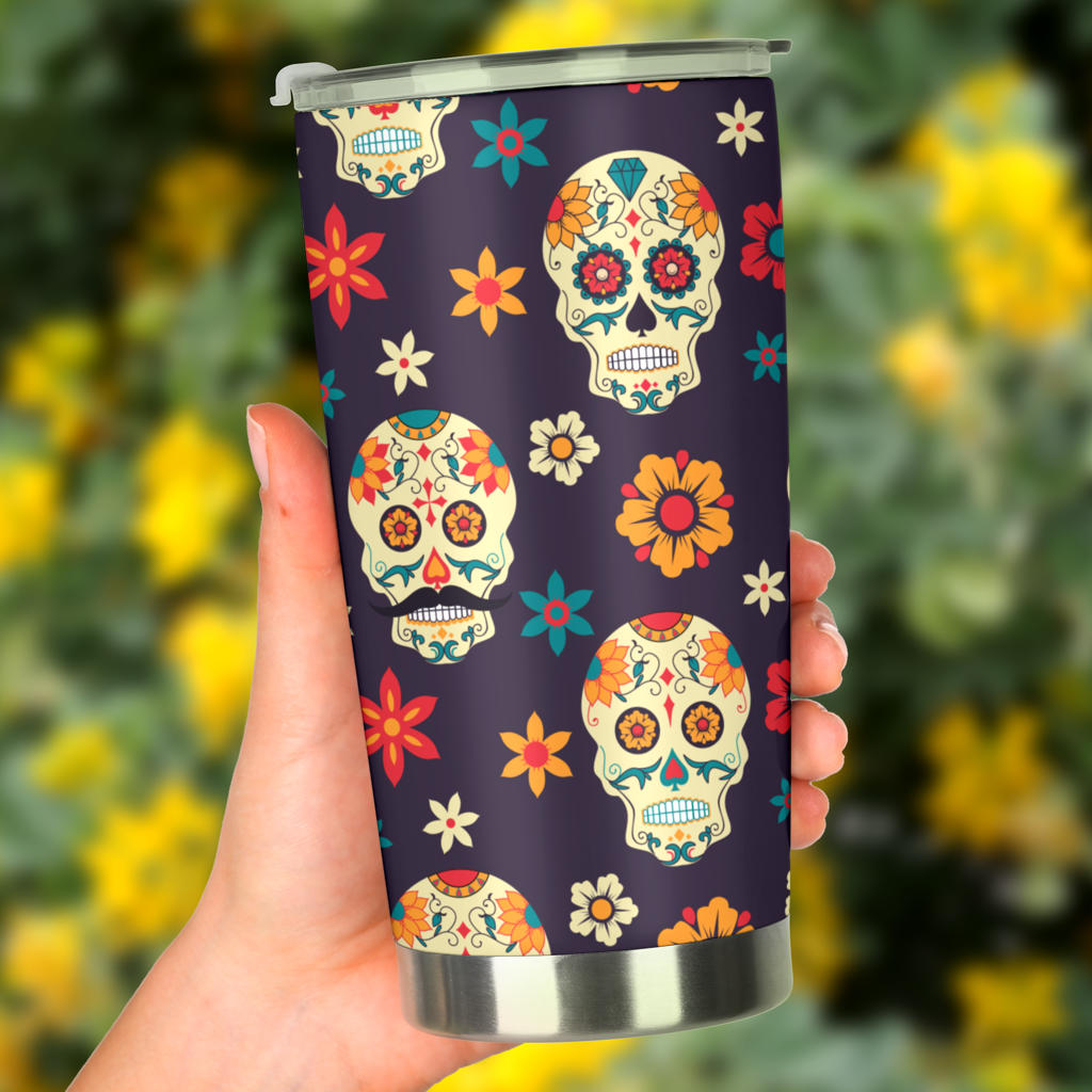 Sugar skull floral tumbler mug cup
