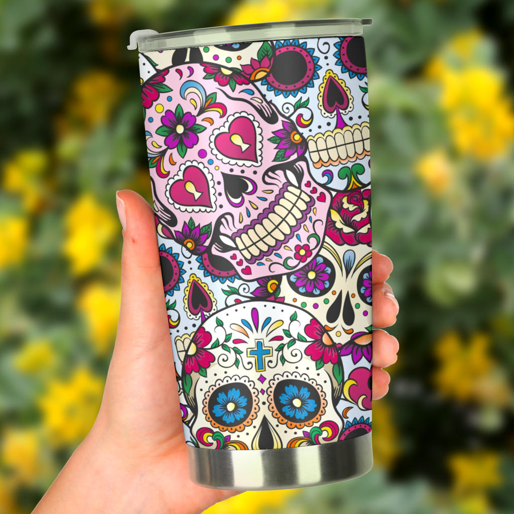 Sugar skull floral tumbler mug cup