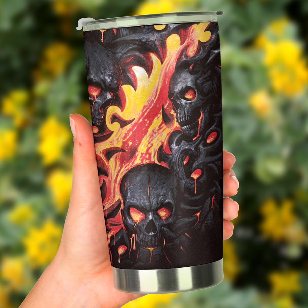 Biker skull travel mug, horror tumbler, flower skull tumblr, skeleton travel mug, evil freezer Mug,