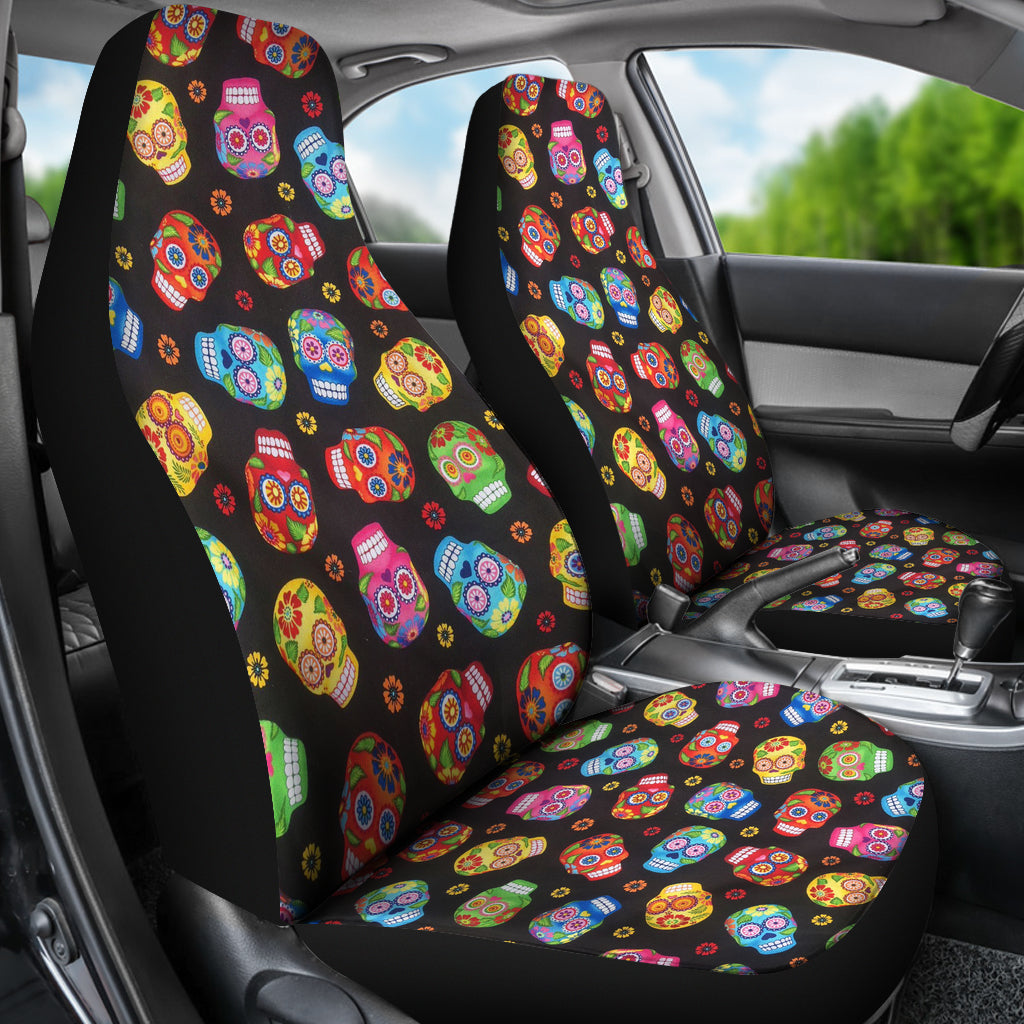 Set 2 pcs Floral sugar skull day of the dead skull car seat covers