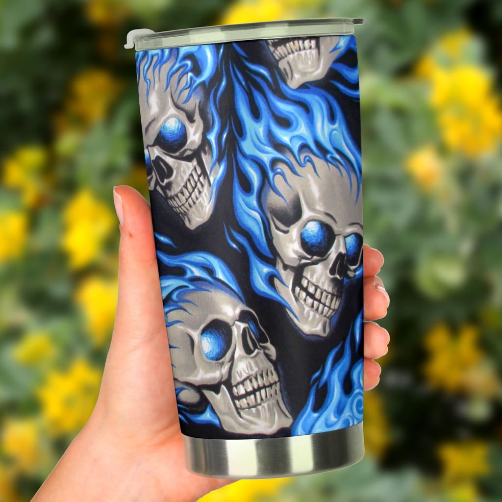 Flaming fire skull tumbler mug cup