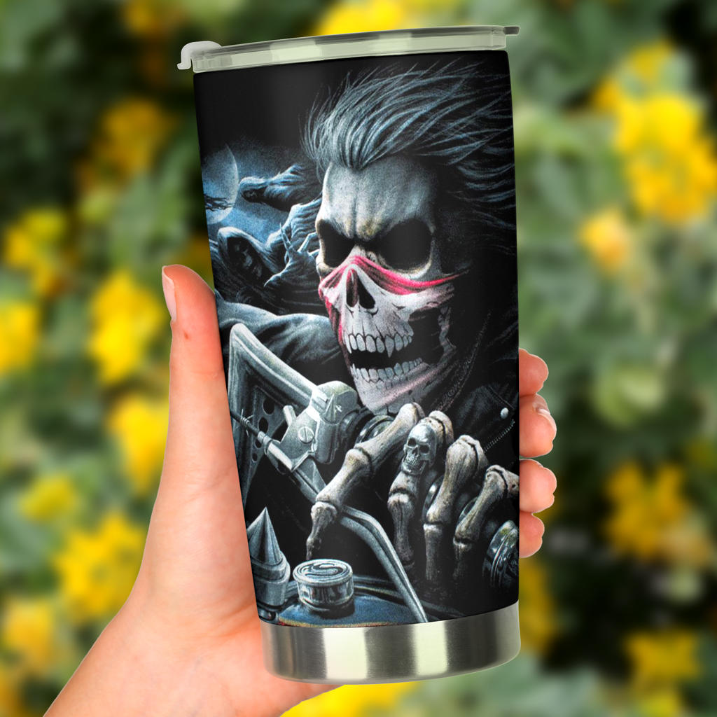 Skull biker tumbler mug