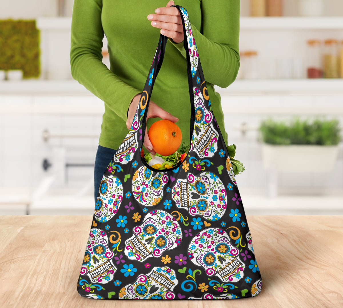 Set of 3 pcs Sugar skull grocery bags