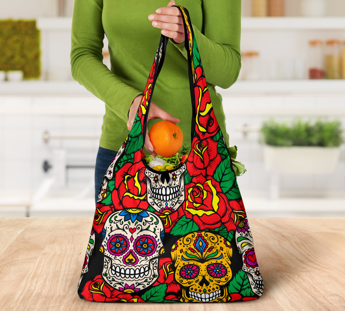 Set of 3 pcs Sugar skull grocery bags