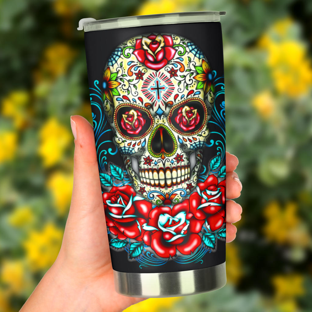 Sugar skull floral tumbler mug cup