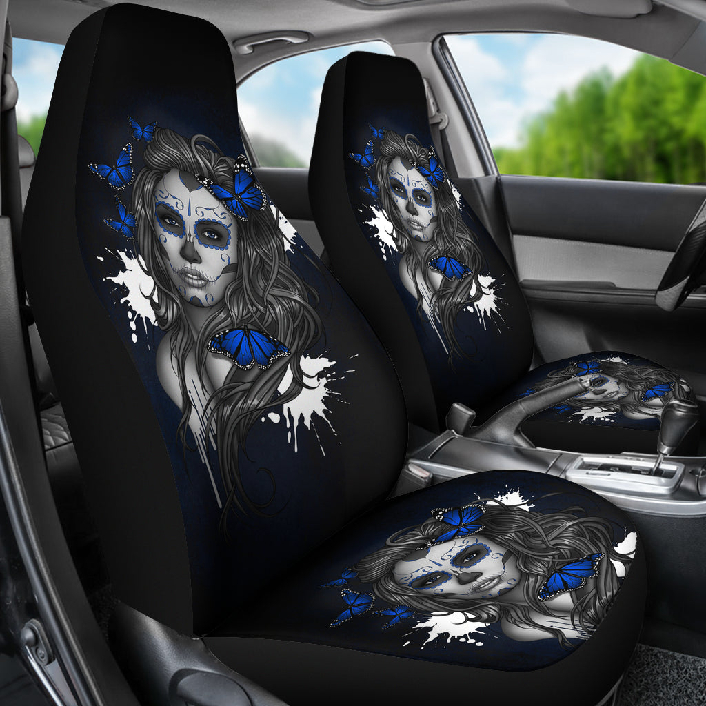 Set 2 seat cover sugar skulls beautiful girl car seat cover