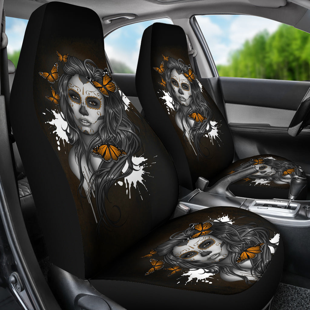 Set of 2 - Beauty girl sugar skull seat cover