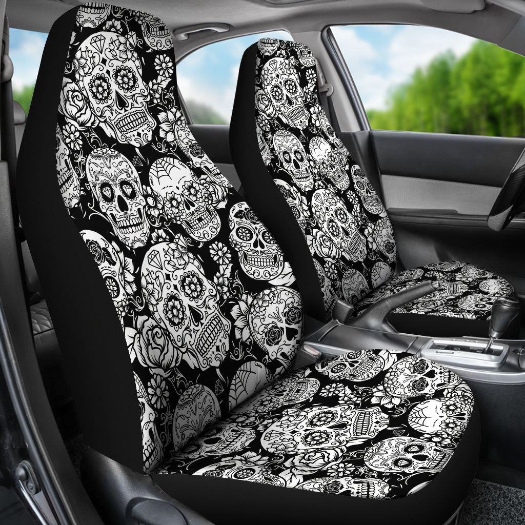 Set 2 pcs Floral sugar skull day of the dead skull car seat covers
