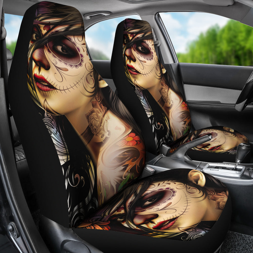 Set of 2 pcs sugar skull girl car seat covers