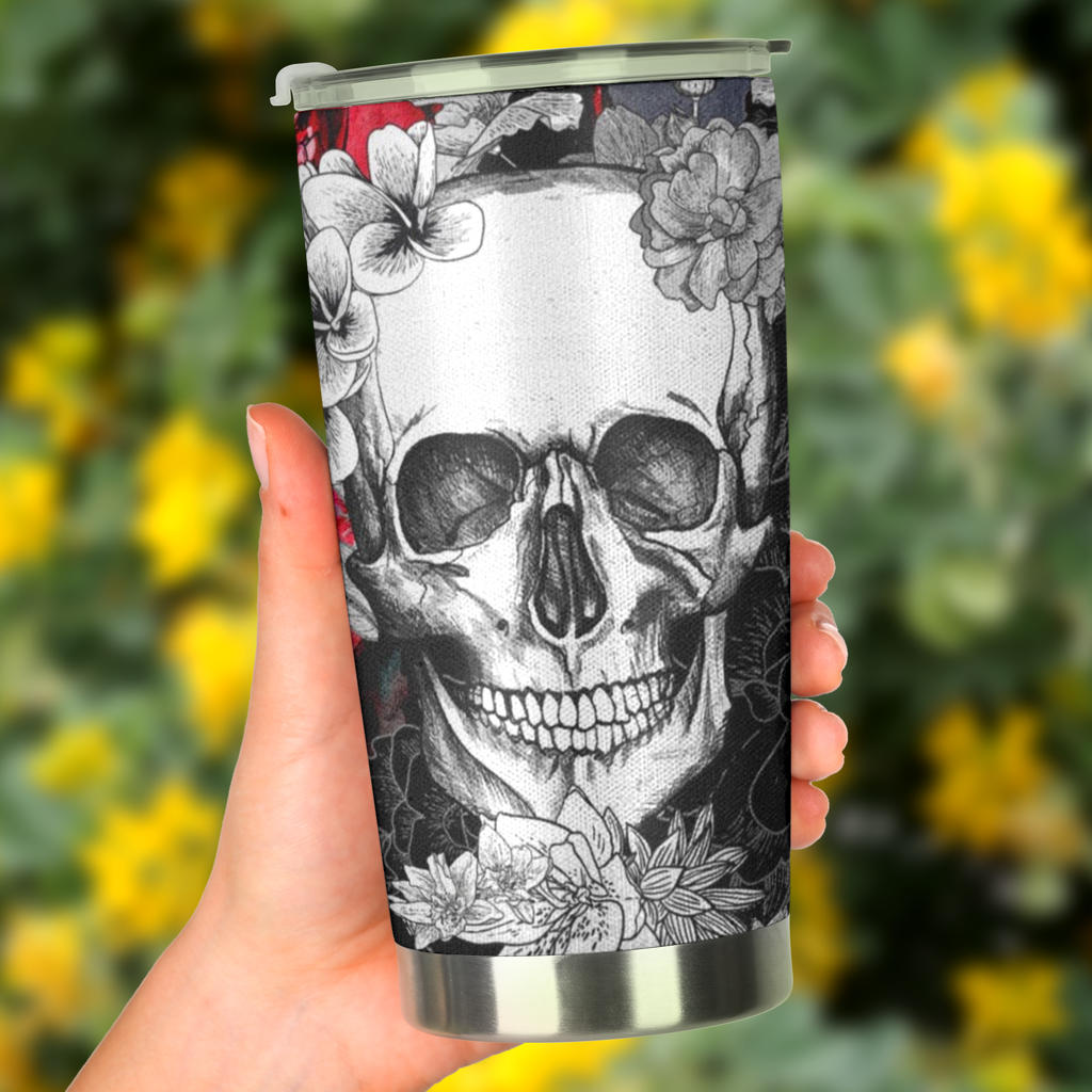 Floral skull tumbler mug cup