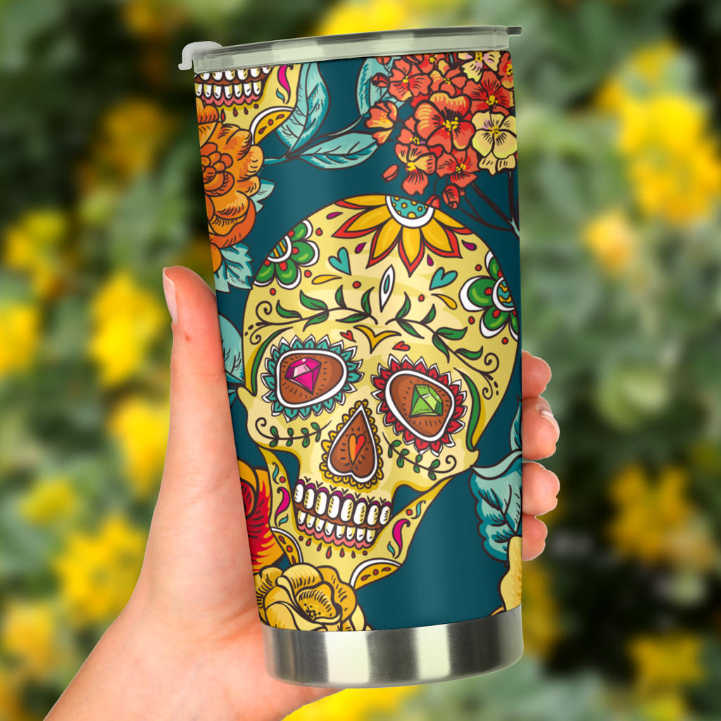 Sugar skull floral tumbler mug cup