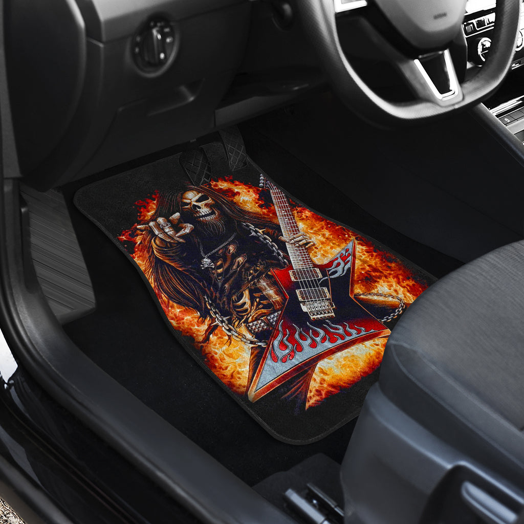 Set 4 pcs flaming guitar skull car mats