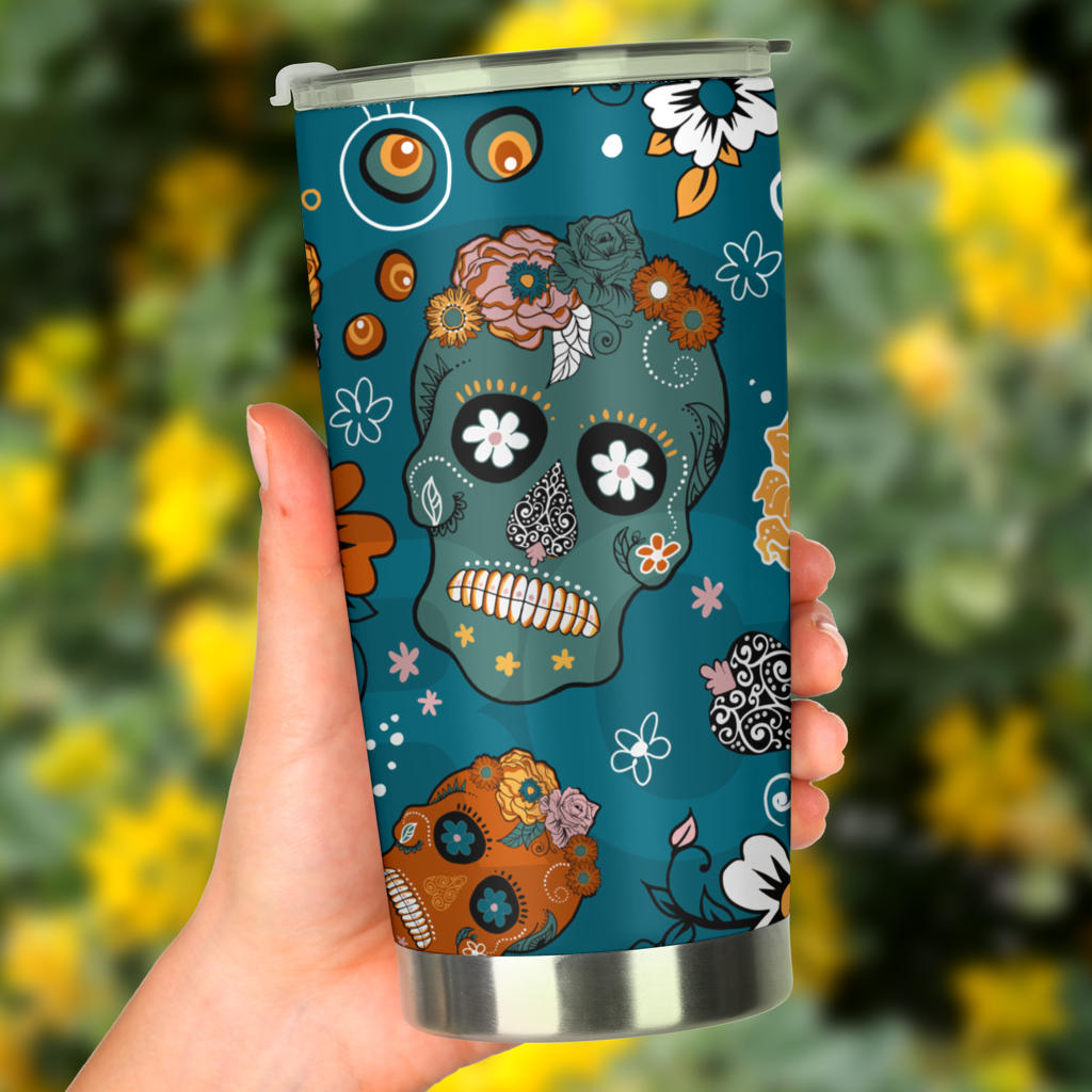 Sugar skull floral tumbler mug cup