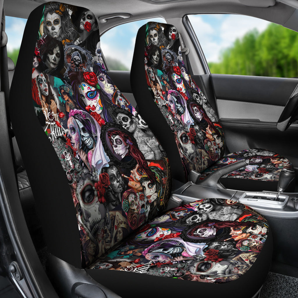 Set 2 sugar skull car seat covers
