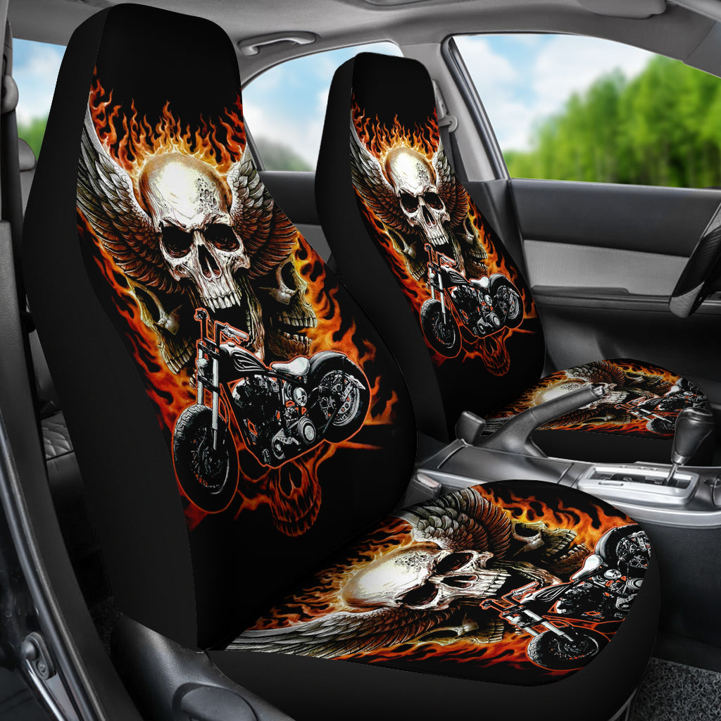 Set of 2 Fire wing skull car seat covers