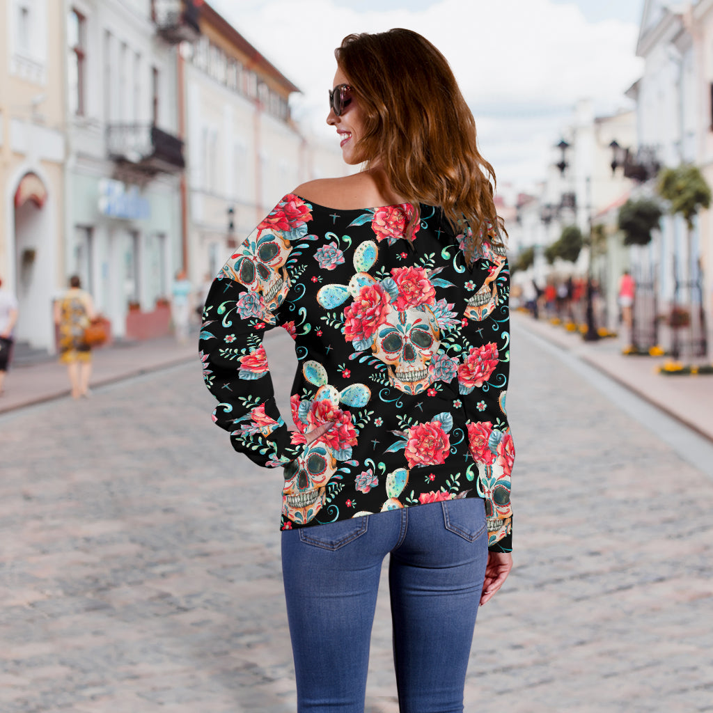 Black Flower Skull Off Shoulder Hoodie