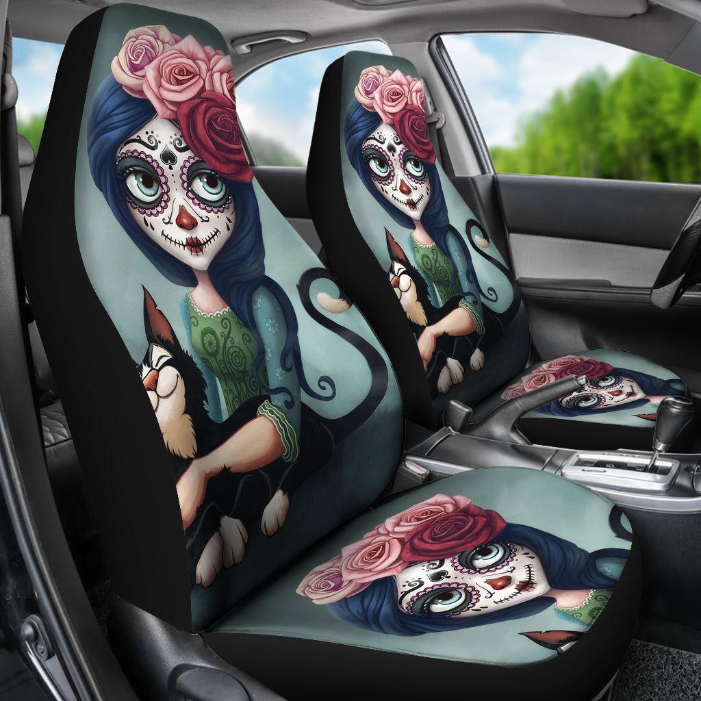 Set 2 pcs Floral sugar skull day of the dead skull car seat covers