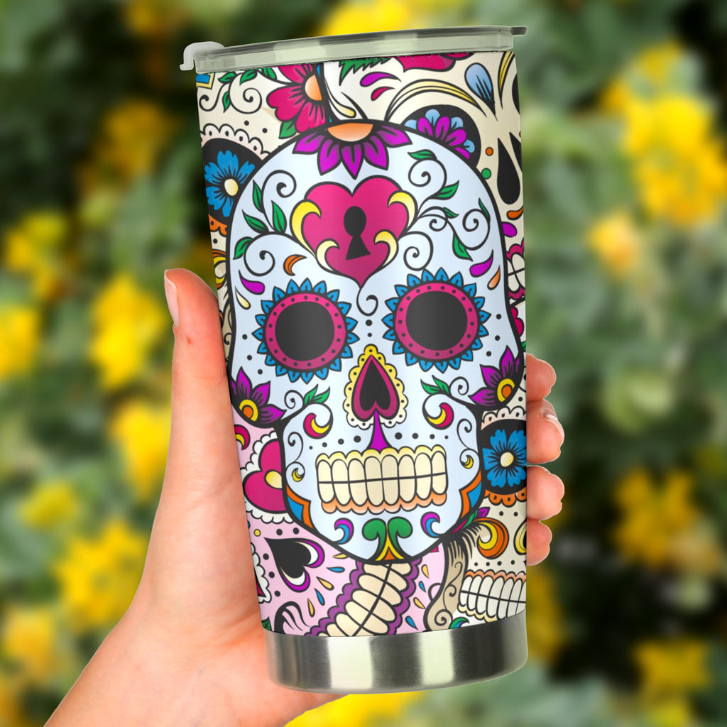 Sugar skull floral tumbler mug cup