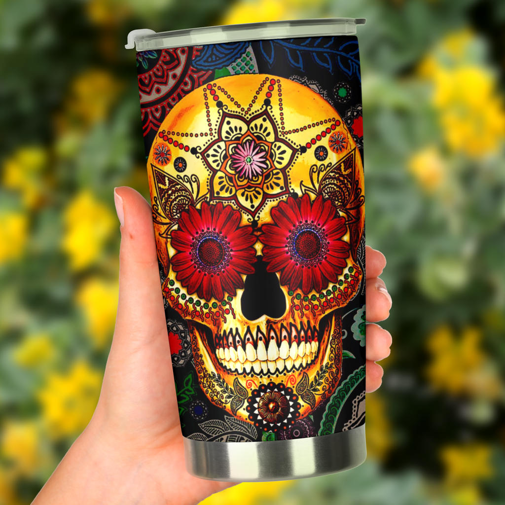 Sugar skull floral tumbler mug cup