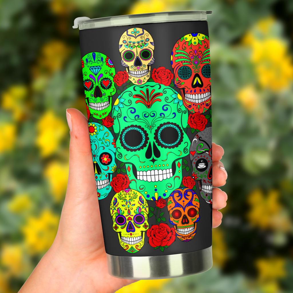 Sugar skull floral tumbler mug cup